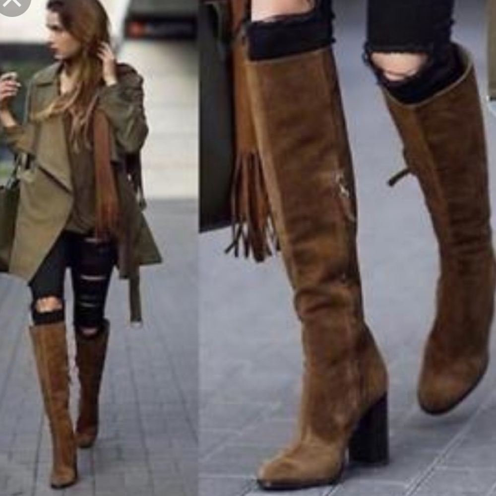 Zara knee high block heel suede boots